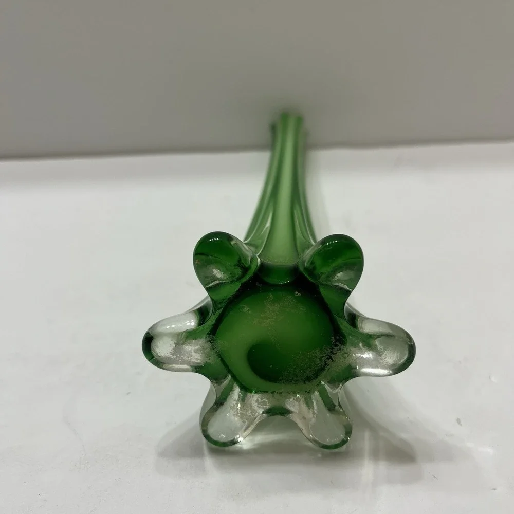 Vintage Art Glass Bud Base Green Clear Accents Petal-Shaped Base 11.5